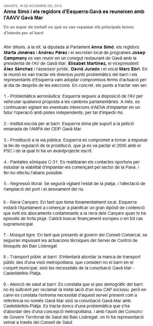 Informaci�n publicada en la web de ERC-Gav� sobre la cena-reuni�n mantenida entre la Asociaci�n de vecinos de Gav� Mar, la Diputada en el Parlament, Anna Sim� y los concejales de ERC-Gav� (15 de Noviembre de 2010)